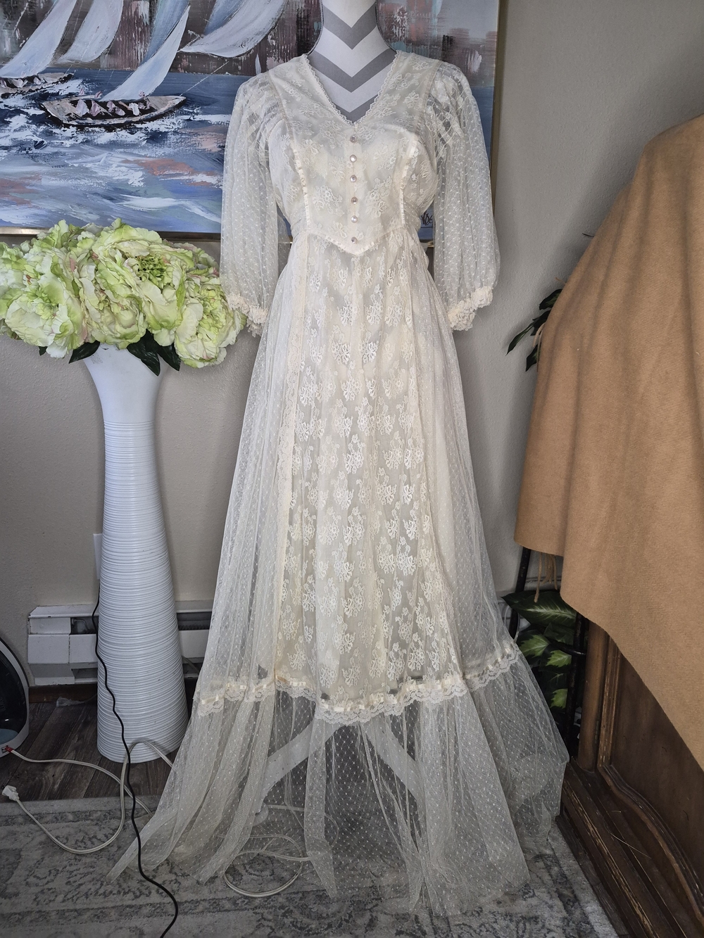 Vintage Jody Ivory Lace Maxi Dress with Sheer Dot Overlay and Pearl Buttons